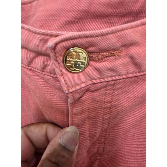 TORY BURCH Women's Coral Pink Straight Leg Jeans Gold Logo Hardware Size 30 - Picture 7 of 10